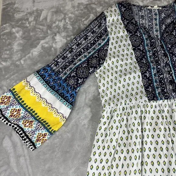 Reborn J Boho Dress Womens 1X Colorful Pattern Button Front Flowy Elephant(1003) - Picture 3 of 15